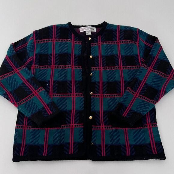 VNTG Crystal-Kobe Black/Green/Blue/Red Plaid, Gold Button, Cardigan- XL - Picture 1 of 7